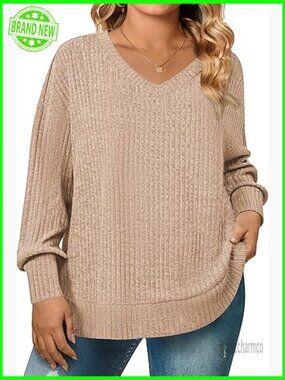 Plus Size Long Sleeve V Neck Tunic Sweater Loose Fit Tops